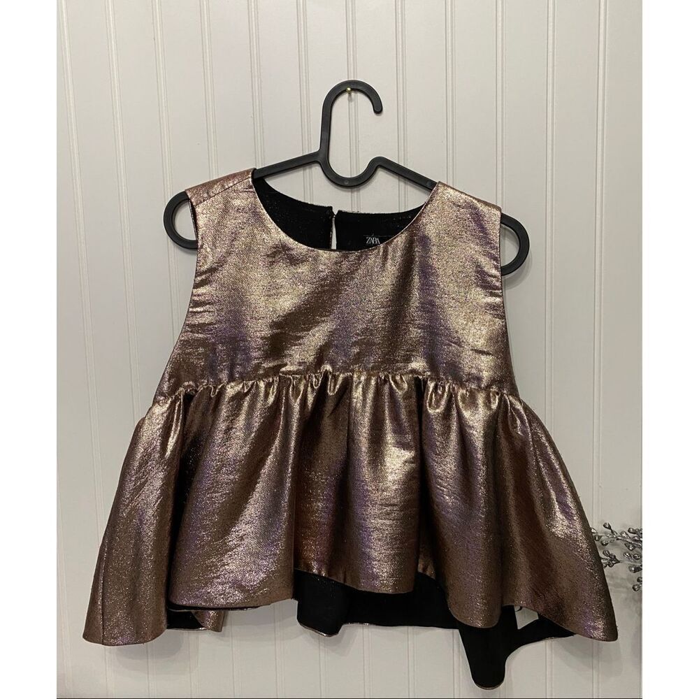 Zara Rose Gold Ruffle Crop Metallic Holiday Top Sz L